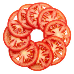 Arrangement of sliced tomatoes in a circular pattern isolated on a transparent background