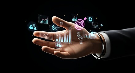 Futuristic business analytics interface floating above a hand, showing digital charts, targets, and financial icons in a smart tech display.