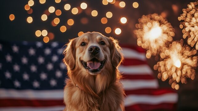 Golden Retriever Portrait with Fireworks and American Flag