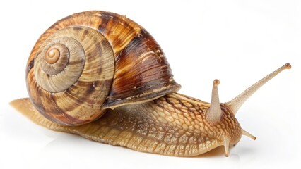 Close-Up of Brown Garden Snail on White Background, Macro Nature Photography  
