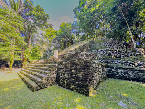 The Temple Stela 9 complex at the Mesoamerican archaeological site of Lamanai (Submerged Crocodile), Belize