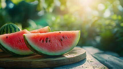 Fresh watermelon slices on a wooden board under bright sunlight, copy space. Generative AI