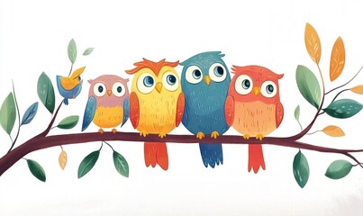 Naklejka premium Cute owls on branch with leaves, children's illustration
