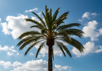 青空に映える緑豊かなヤシの木 爽やかな日差しと白い雲