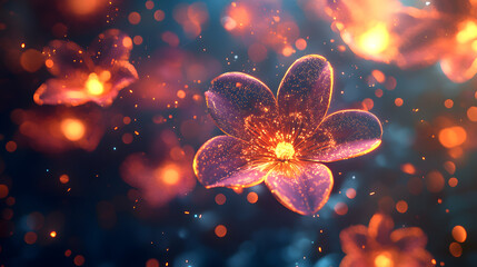Glowing pixelated flowers with vibrant digital effects in dark background. Generative AI