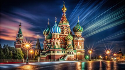 Majestic St. Basil's Cathedral Night Photography - Illuminated Domes & Moscow Skyline