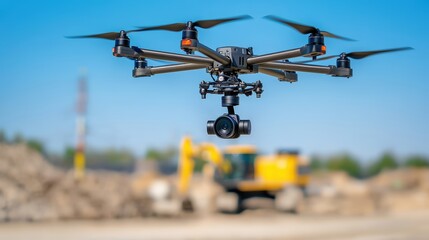 A detailed drone equipped with a camera hovers above a construction site, showcasing modern technology in action against a clear blue sky.