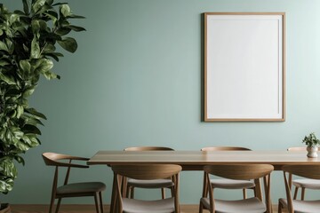 Dining Room with Empty Frame Mockup and Natural Green Plant Decor