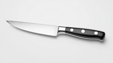 Sleek stainless steel kitchen knife with a classic black handle on a white background.