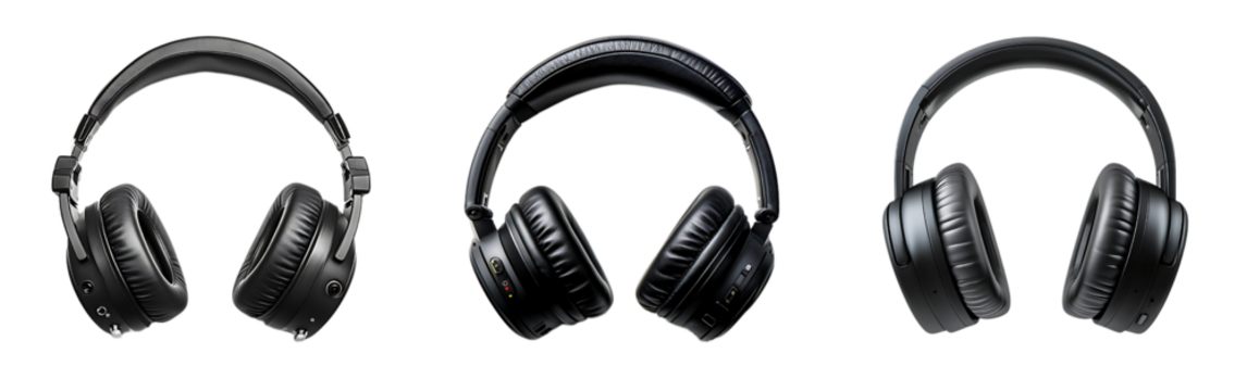 Set of high-fidelity studio headphones with cushioned ear pads isolated on a white or transparent background.