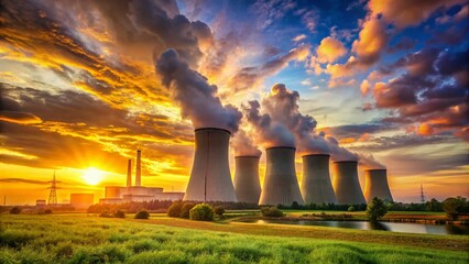 Majestic Sunrise Over Nuclear Power Plant - Industrial Energy Landscape Stock Photo