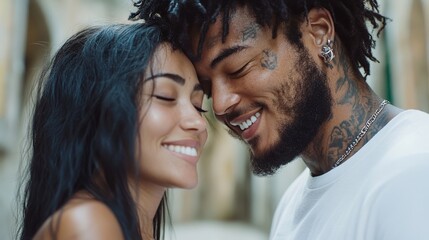 Couple sharing joyful moment outdoors in a cozy urban setting during daylight