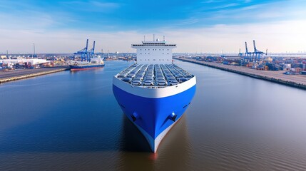A large cargo ship is docked in a harbor, surrounded by containers and cranes, under a clear blue sky.