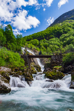 Water melting from the Briksdalsbreen glacier south of the small town of Olden in coastal Norway, Vestland, Norway