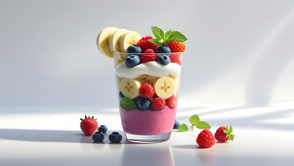 Healthy Berry Yogurt Parfait with Banana Slices and Mint