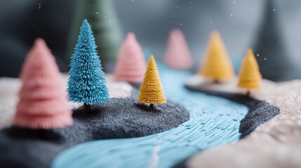 Colorful miniature trees and a winding river create a whimsical winter landscape in a crafted scene