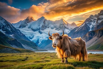 Majestic Tibetan Brown Yak Grazing Near a Glacial Landscape in the Himalayas