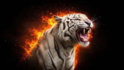 Obraz premium An angry white tiger roars amidst swirling flames on a black background.