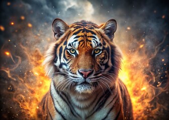 Fototapeta premium Majestic Tiger in Fiery Haze: Dramatic Wildlife Portrait