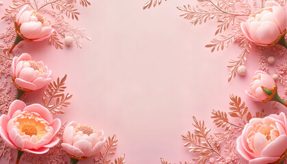 Elegant floral arrangement with pink peonies and gold accents on a soft background