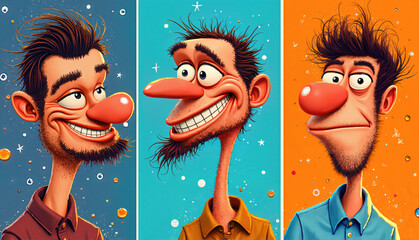 Whimsical cartoon characters with exaggerated features and colorful backgrounds 