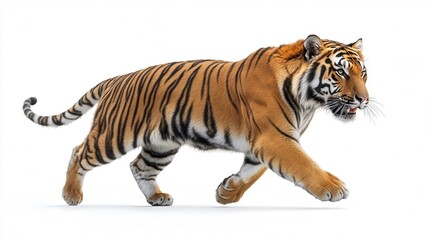 Obraz premium Majestic Bengal tiger walking against a white background, showcasing its striking orange and black stripes.