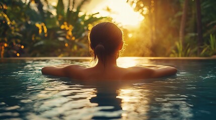 Woman relaxing in tropical swimming pool at sunset for vacation travel and wellness spa retreat concept