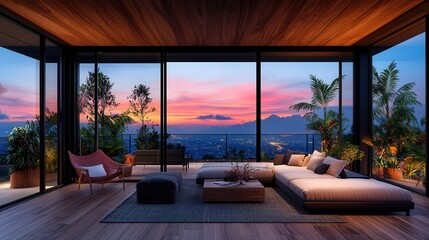 Obraz premium Stunning Contemporary Living Room with Panoramic View of Sunset Over Mountains and City