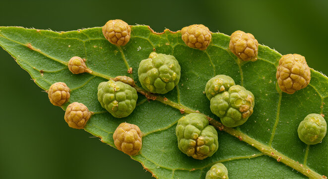 Intricate gall formations on a leaf showing a fascinating biological deformation