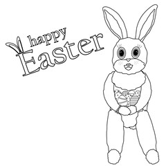 Black and white coloring page featuring a smiles Easter bunny holding decorated Easter eggs and - Happy Easter - text. Perfect for greeting card.
