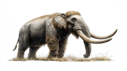Obraz premium Majestic woolly mammoth standing in a grassy terrain against a white background.