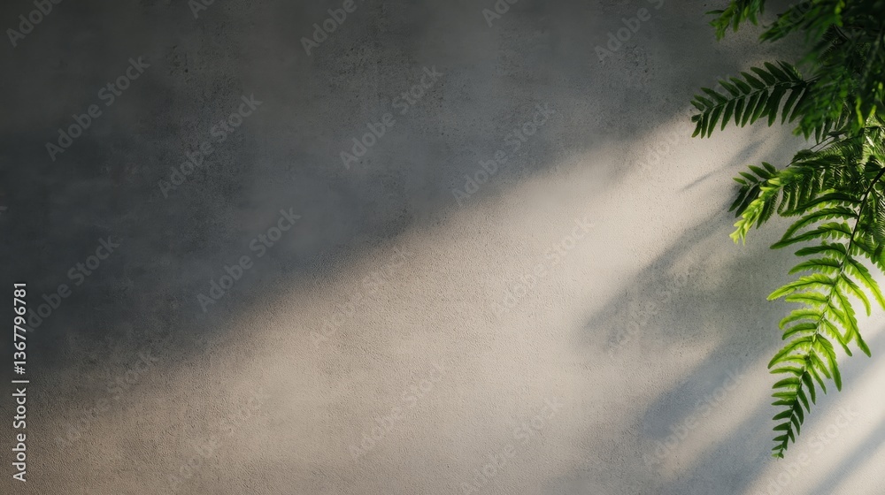 Fototapete delicate fern leaves create intricate shadows on a smooth gray concrete wall, enhanced by soft natur
