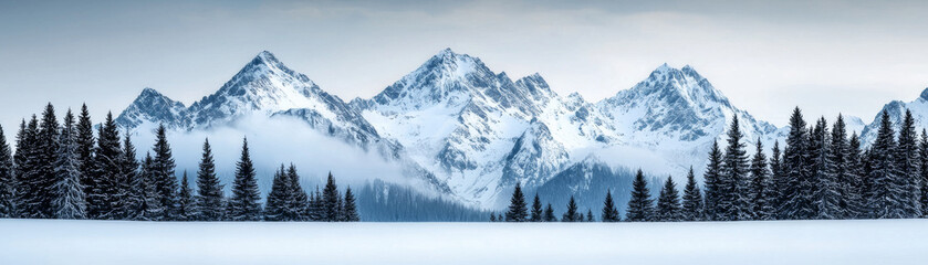 Obraz premium Majestic snow covered mountains rise above serene winter landscape, surrounded by evergreen trees and soft mist, evoking tranquility and beauty