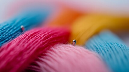 Colorful threads and pins arranged together in a vibrant display showcasing texture and craftsmanship