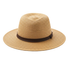 A straw hat with a brown band sitting isolated on a transparent background