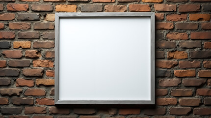 Empty frame mounted on a rustic brick wall in a cozy indoor setting ideal for home decor or art display