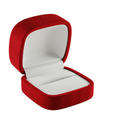 An open red velvet ring box with a white interior isolated on a transparent background
