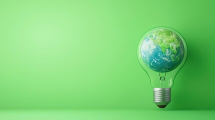 A light bulb encasing the Earth symbolizes eco-friendly ideas and innovation against a vibrant green backdrop, highlighting environmental awareness, Green Technology.