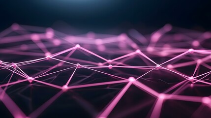Obraz premium The image shows an abstract network of interconnected pink lines and nodes, creating a three-dimensional web-like structure against a dark background.