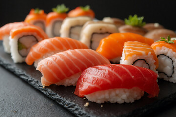 Assorted sushi rolls and nigiri with salmon and tuna, beautifully arranged on a dark stone plate. Fresh and appetizing Japanese cuisine.