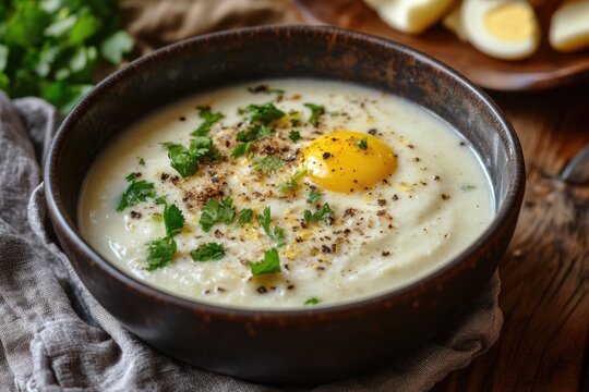 A creamy bowl of shorbat al bayda with egg drop soup