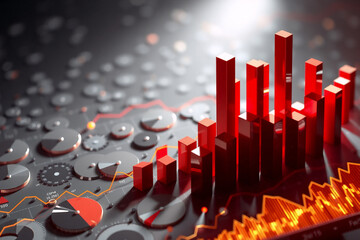 Modern 3D data visualization with red bar charts, pie charts, and line graphs on a gray backdrop. Finance and business concept.