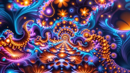 Colorful Abstract Fractal Floral Design with Spiral and Light Patterns