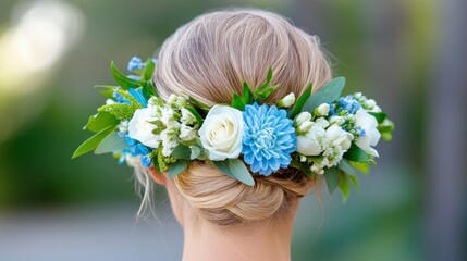 Naklejka premium Elegant hairstyle featuring a blue and white floral crown on a blurred background