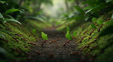 Obraz premium Leafcutter ants in the jungle carrying green fragments on their backs