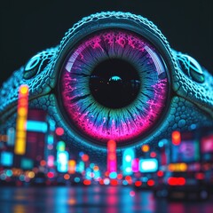 Fototapeta premium A large, vibrant reptilian eye overlooks a bustling city illuminated by colorful lights at night, creating a surreal and captivating atmosphere that draws attention