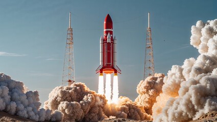 Rocket launching into space with a clear sky, antenna towers, and communication technology in the background