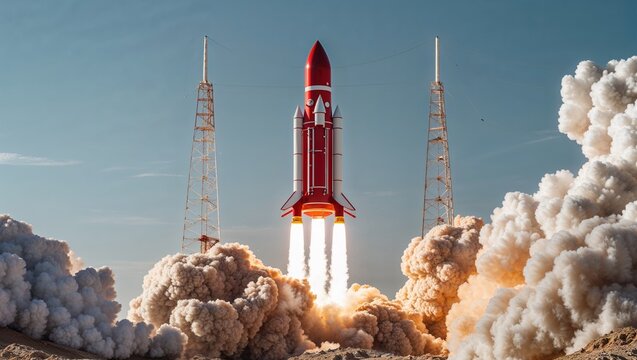 Rocket launching into space with a clear sky, antenna towers, and communication technology in the background