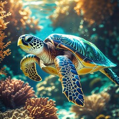 Fototapeta premium A sea turtle swims gracefully among colorful corals in a tropical reef, illuminated by sunlight filtering through the clear water, showcasing marine life diversity