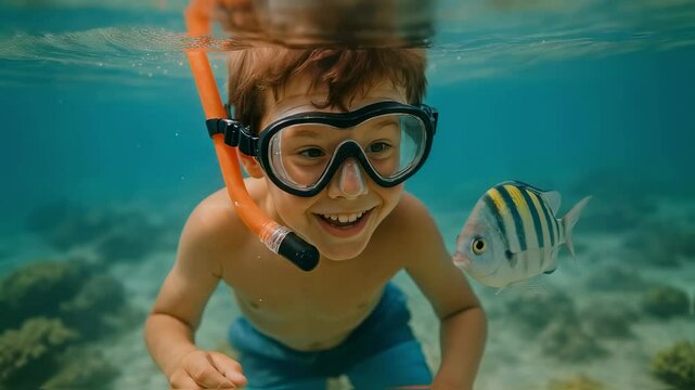 Little boy with a bright orange snorkel and mask swimming underwater next to a tropical fish, expressing joy and childlike curiosity. Showcasing family vacation and active leisure